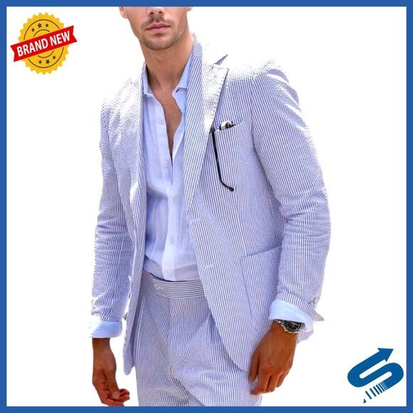 Men's Seersucker Suit Set 2-Piece Jacket Pants Summer Wedding Casual